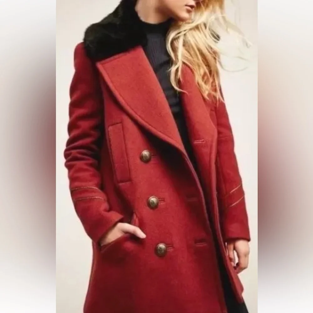 FREE PEOPLE SEDGWICK Red Wool Military Peacoat Double Breasted Fur Collar Sz.XS